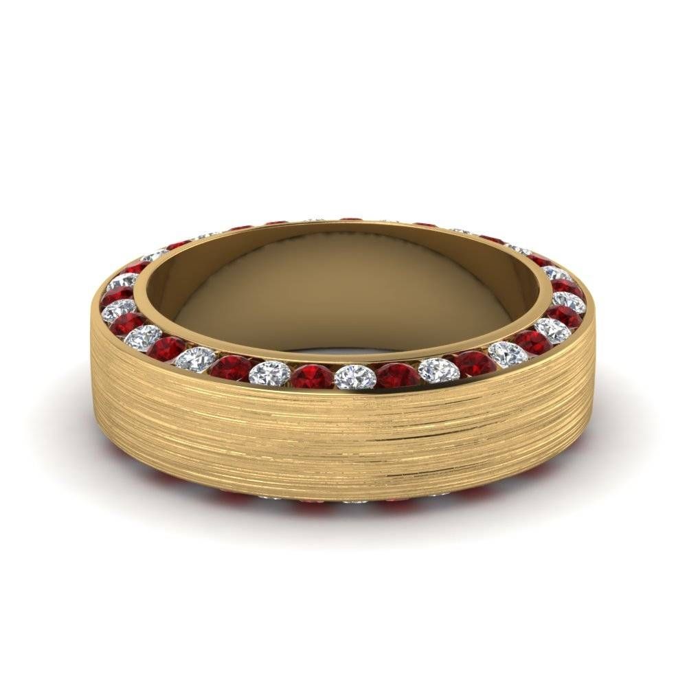 Yellow Gold Round White Diamond Mens Wedding Band With Red Ruby In Within Men&#039;s Wedding Bands With Ruby (View 11 of 15)