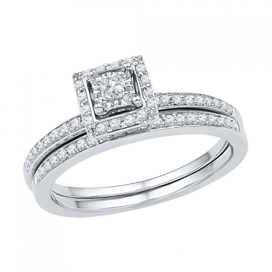 10k White Gold Halo Engagement Ring With Matching Wedding Band Set Intended For Halo Wedding Bands (View 14 of 15)