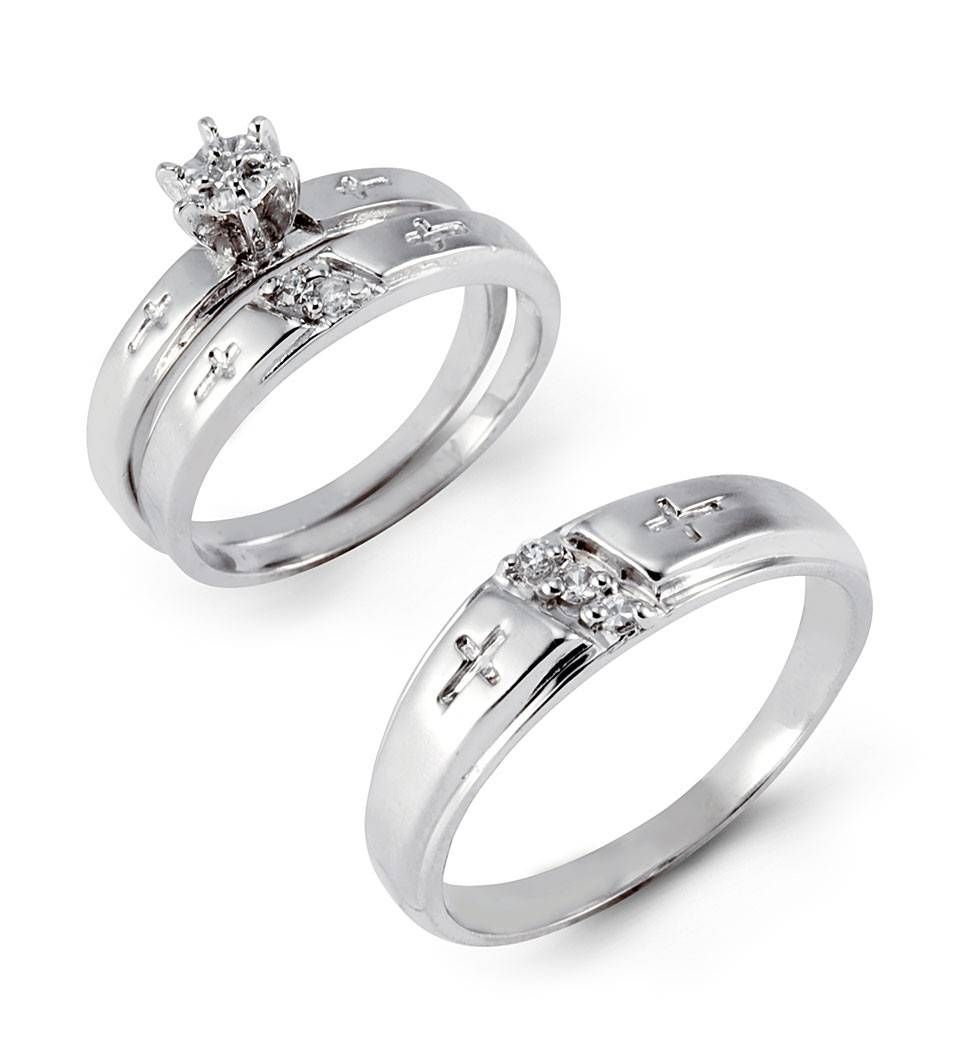 14k White Gold Cz Stone Engraved Cross Wedding Trio Set With Cross Wedding Rings (View 3 of 15)