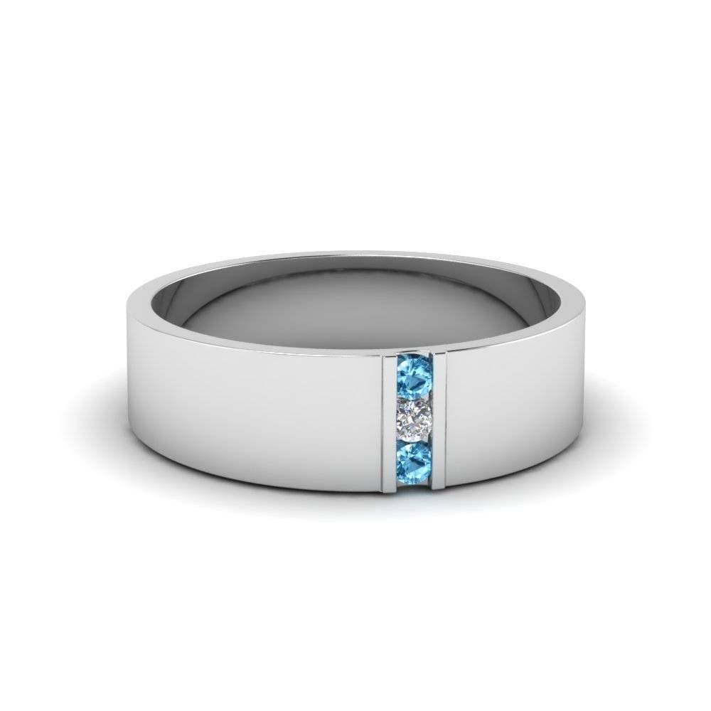 3 Stone Diamond Wedding Anniversary Band For Men With Ice Blue Throughout White Gold Wedding Bands For Men (View 12 of 15)