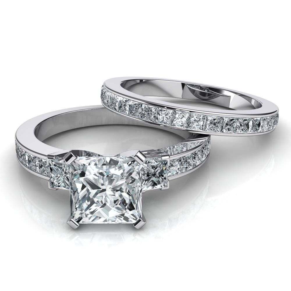 3 Stone Princess Cut Engagement Ring & Wedding Band Bridal Set Pertaining To Wedding Bands To Go With Princess Cut Engagement Rings (View 15 of 15)