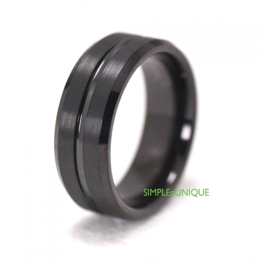 8mm Black Tungsten Wedding Band Comfort Fit Beveled Edges Centered Pertaining To Current Husband Wedding Bands (View 2 of 15)