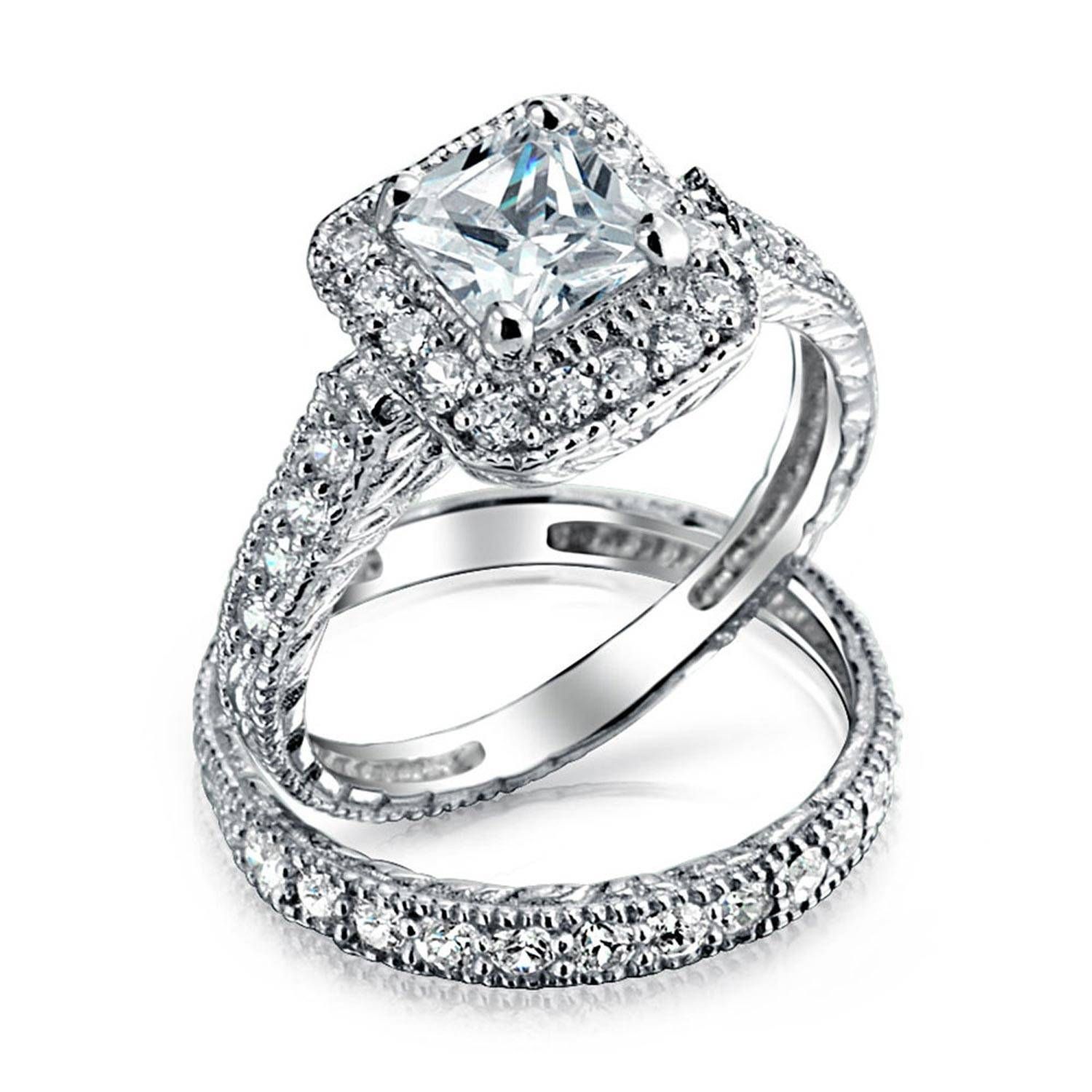 925 Silver Princess Cut Cz Engagement Wedding Ring Set Throughout Vintage Princess Cut Wedding Rings (View 14 of 15)