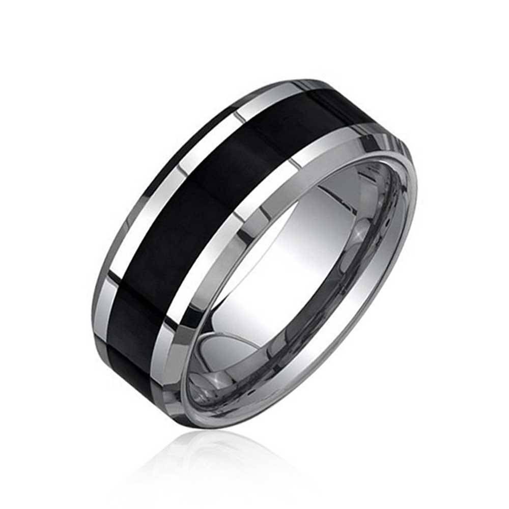 Beveled Edge Black Carbon Fiber Mens Tungsten Wedding Band Ring Inside Newest Mens Beveled Wedding Bands (View 6 of 15)