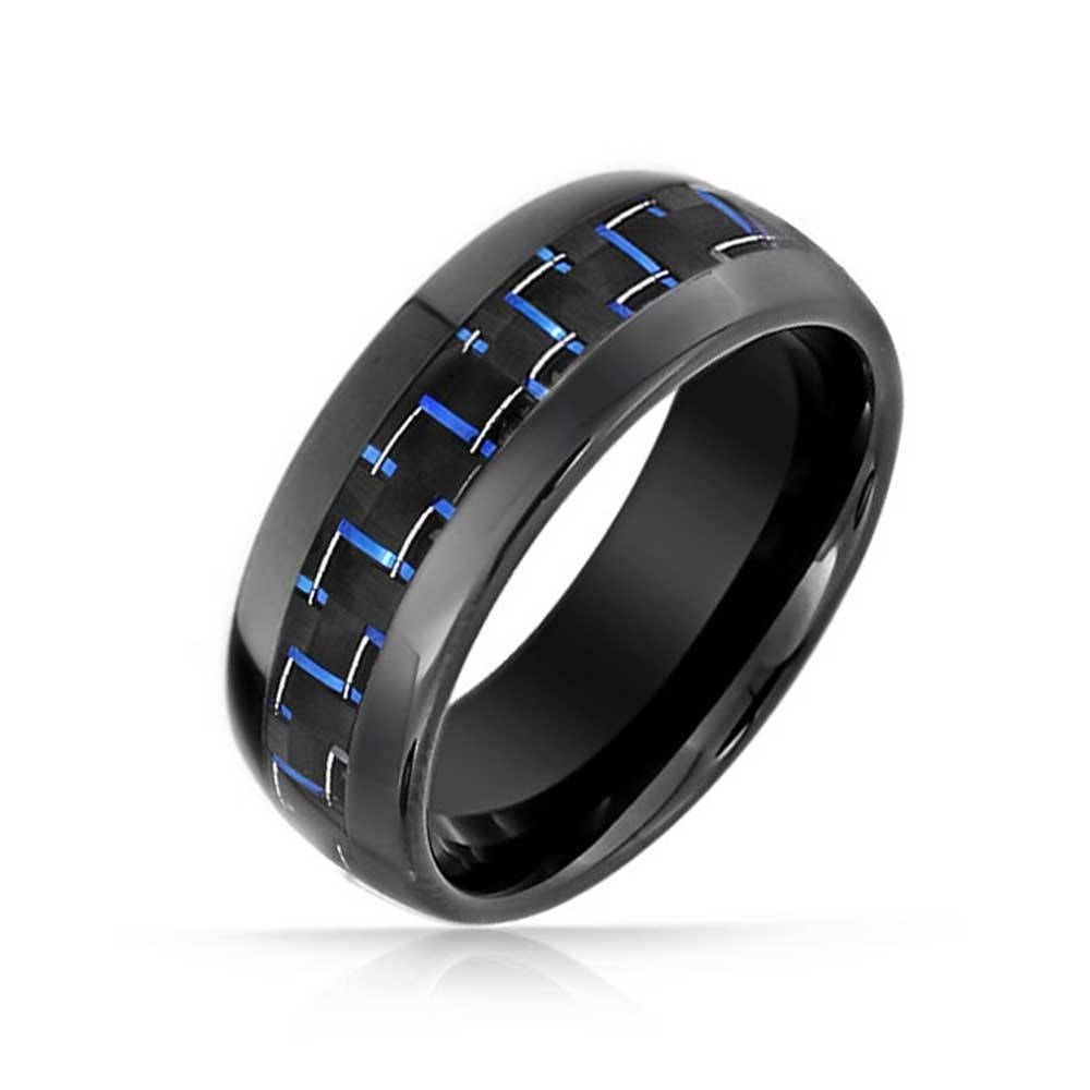 Black Tungsten Ring Blue Carbon Inlay Wedding Ring Inside Blue Wedding Bands For Men (View 15 of 15)