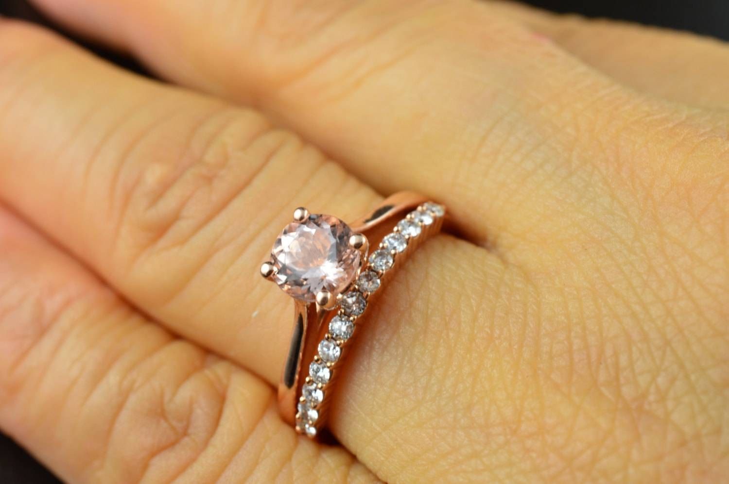 Emma Ruth & Petite Ashley Set Morganite Engagement Ring In In Wedding Bands To Match Solitaire Engagement Ring (View 7 of 15)