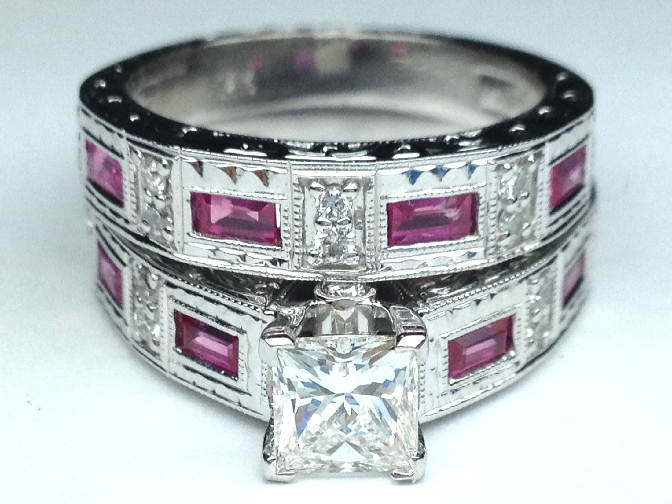 Engagement Ring  Princess Diamond Vintage Engraved Bridal Set With Regard To 2017 Pink Sapphire Diamond Wedding Bands (View 14 of 15)