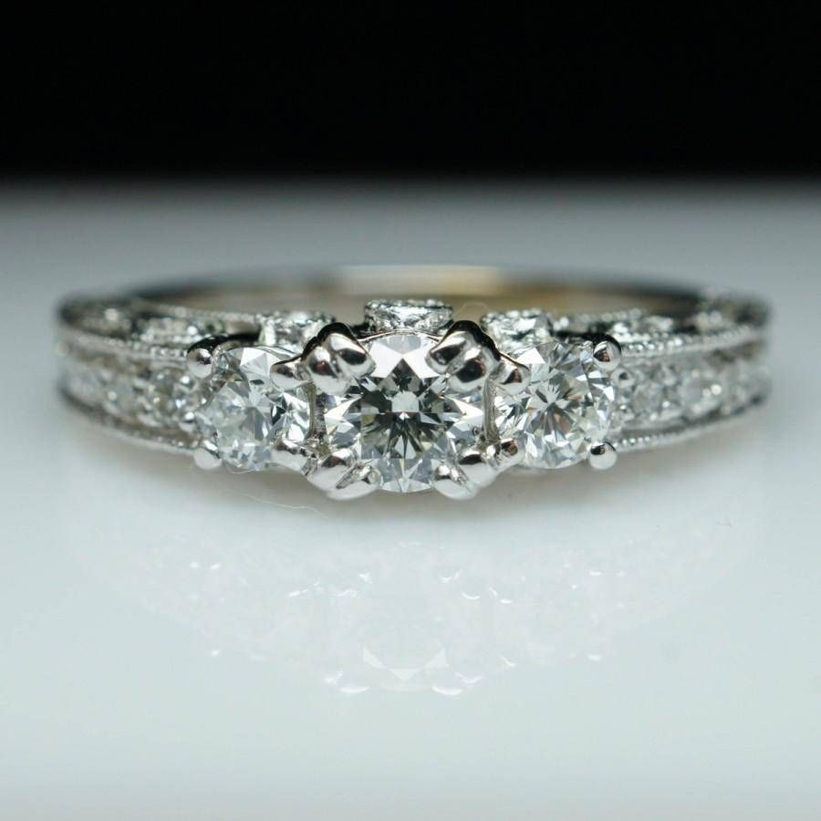 Filigree Diamond Engagement Ring 3 Stone Vintage Engagement Ring In Latest Vintage Engagement Rings And Wedding Bands (View 2 of 15)