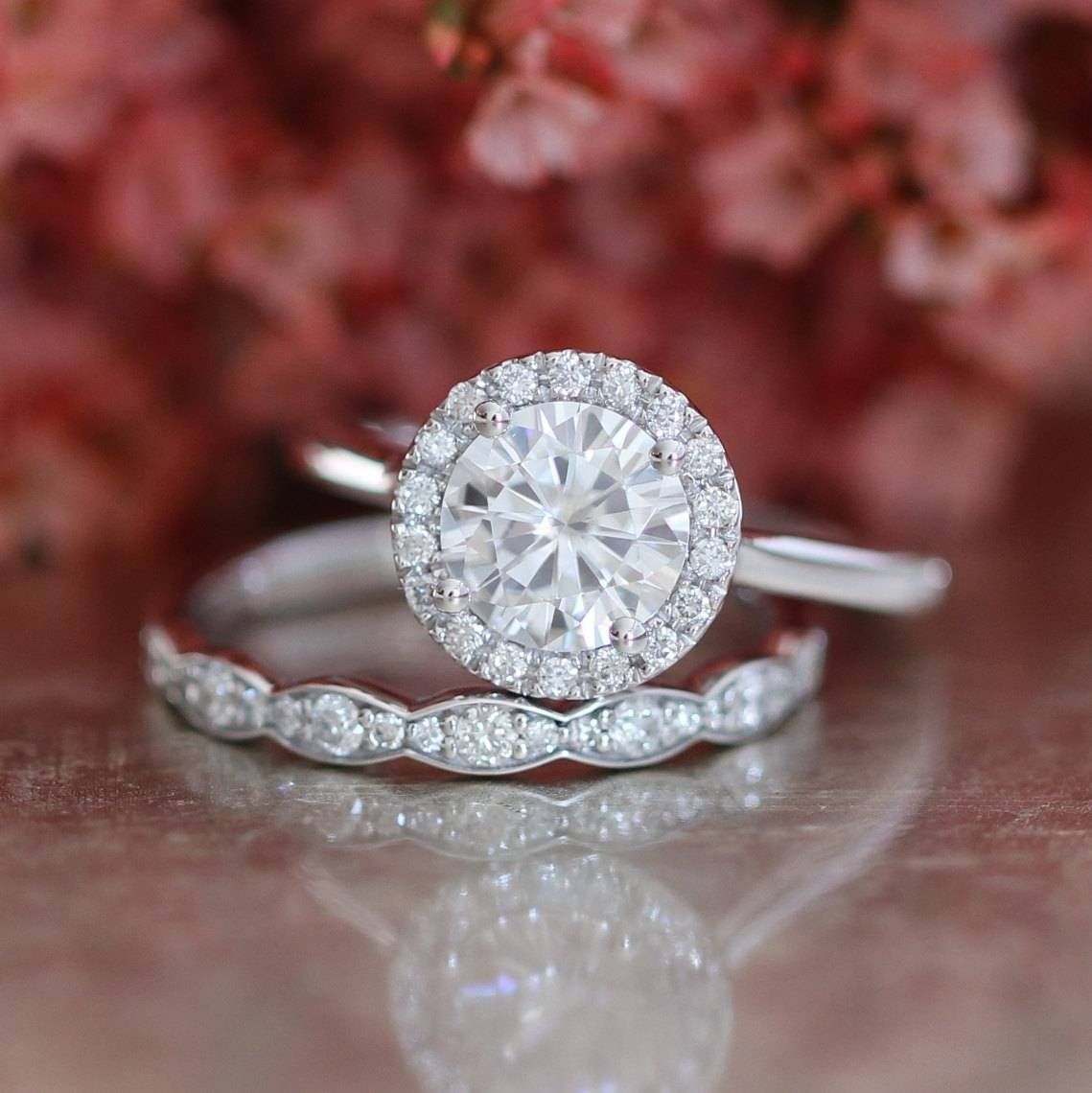 Forever One Moissanite Engagement Ring And Scalloped Diamond Intended For Most Recently Released Engagement Rings And Wedding Bands In One (View 13 of 15)