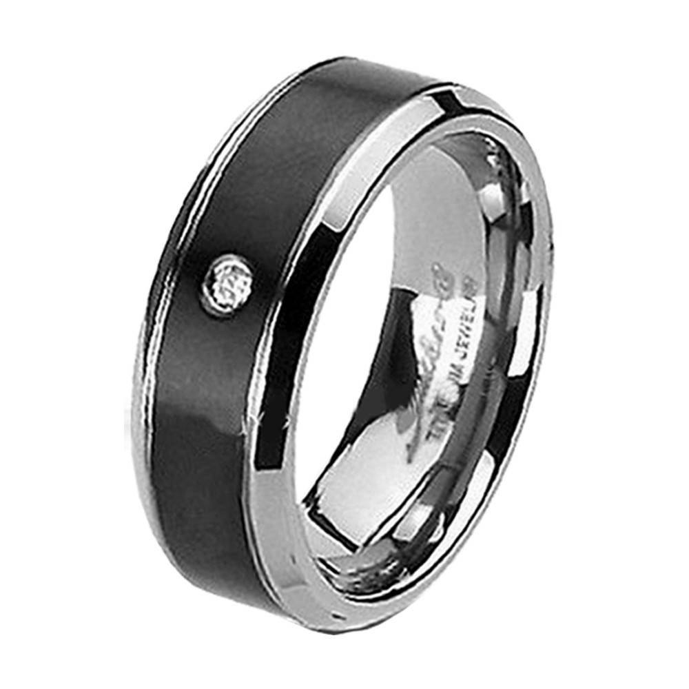 His Hers 3pcs Wedding Engagement Ring Set Black Titanium Cz Inside Black Steel Wedding Bands (View 3 of 15)