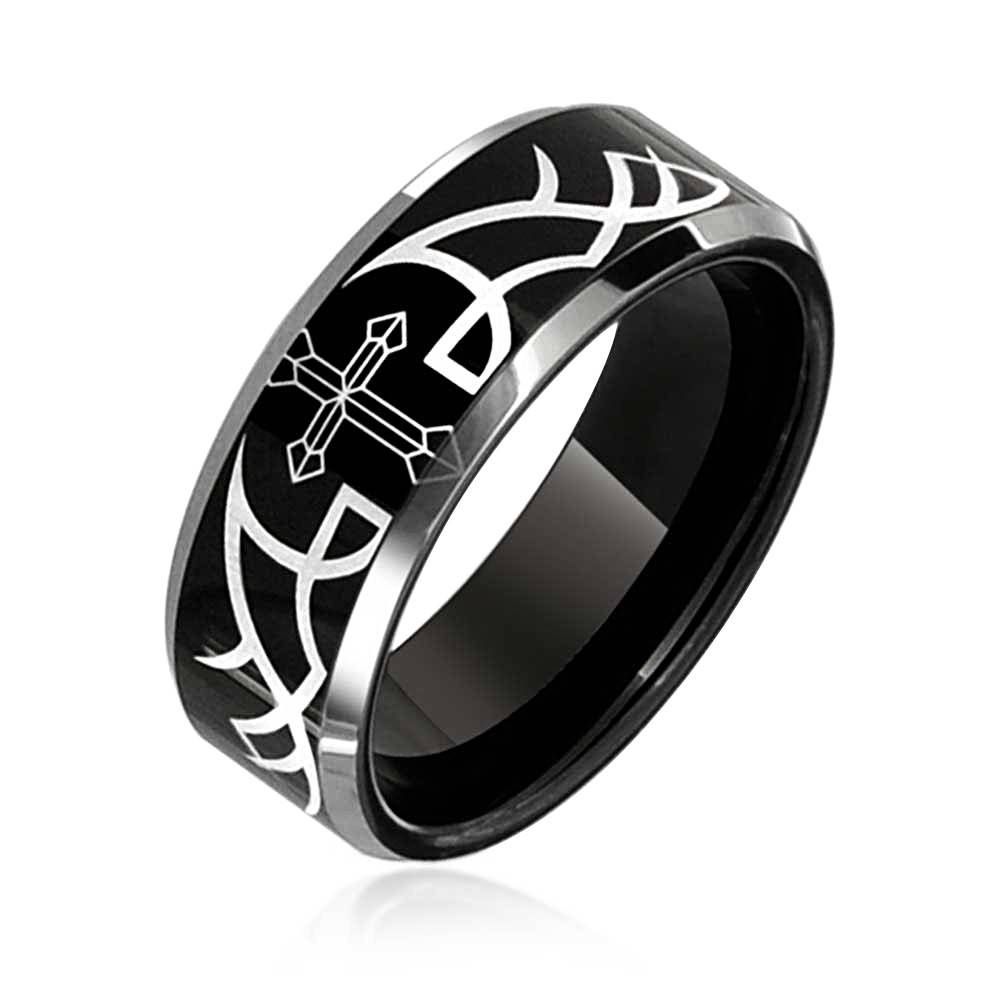 Mens Laser Etched Thorn Cross Ring Black Tungsten Wedding Band 8mm Intended For Black Male Wedding Bands (View 7 of 15)