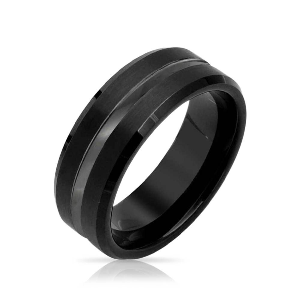 Mens Matte Polish Finish Black Tungsten Wedding Band Ring Grooved Within Black Wedding Bands For Men (View 15 of 15)