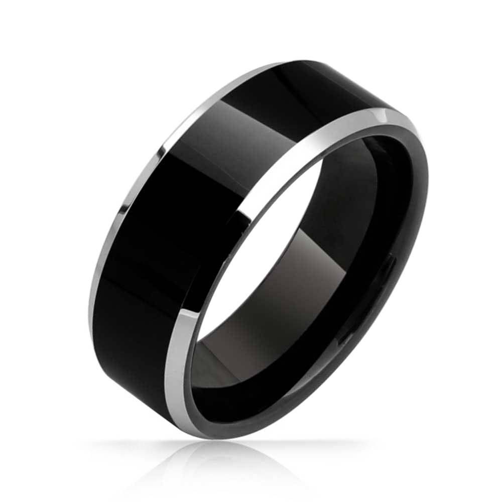 Mens Two Tone Black Flat Top Beveled Tungsten Wedding Band 8mm In Most Recent Mens Beveled Wedding Bands (View 8 of 15)