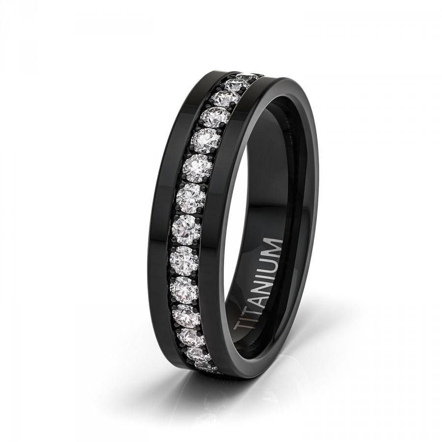 Mens Wedding Band 6mm Black Titanium Ring Fully Stacked Cz With Black Titanium Mens Wedding Rings (View 14 of 15)