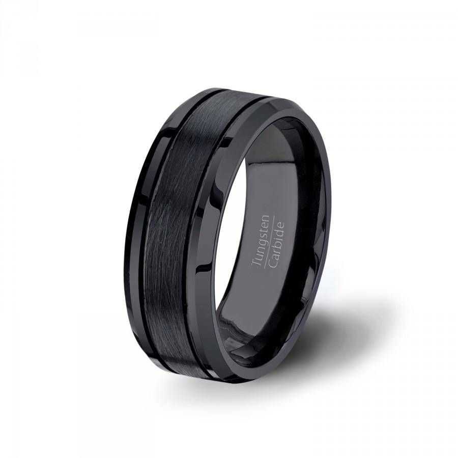 Mens Wedding Band Black Matte Brushed Surface Grooved Tungsten Intended For Newest Beveled Edge Mens Wedding Bands (View 13 of 15)