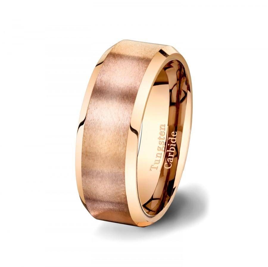 Mens Wedding Band Rose Gold Tungsten Ring With Brushed Satin Within Most Popular Beveled Edge Mens Wedding Bands (View 10 of 15)