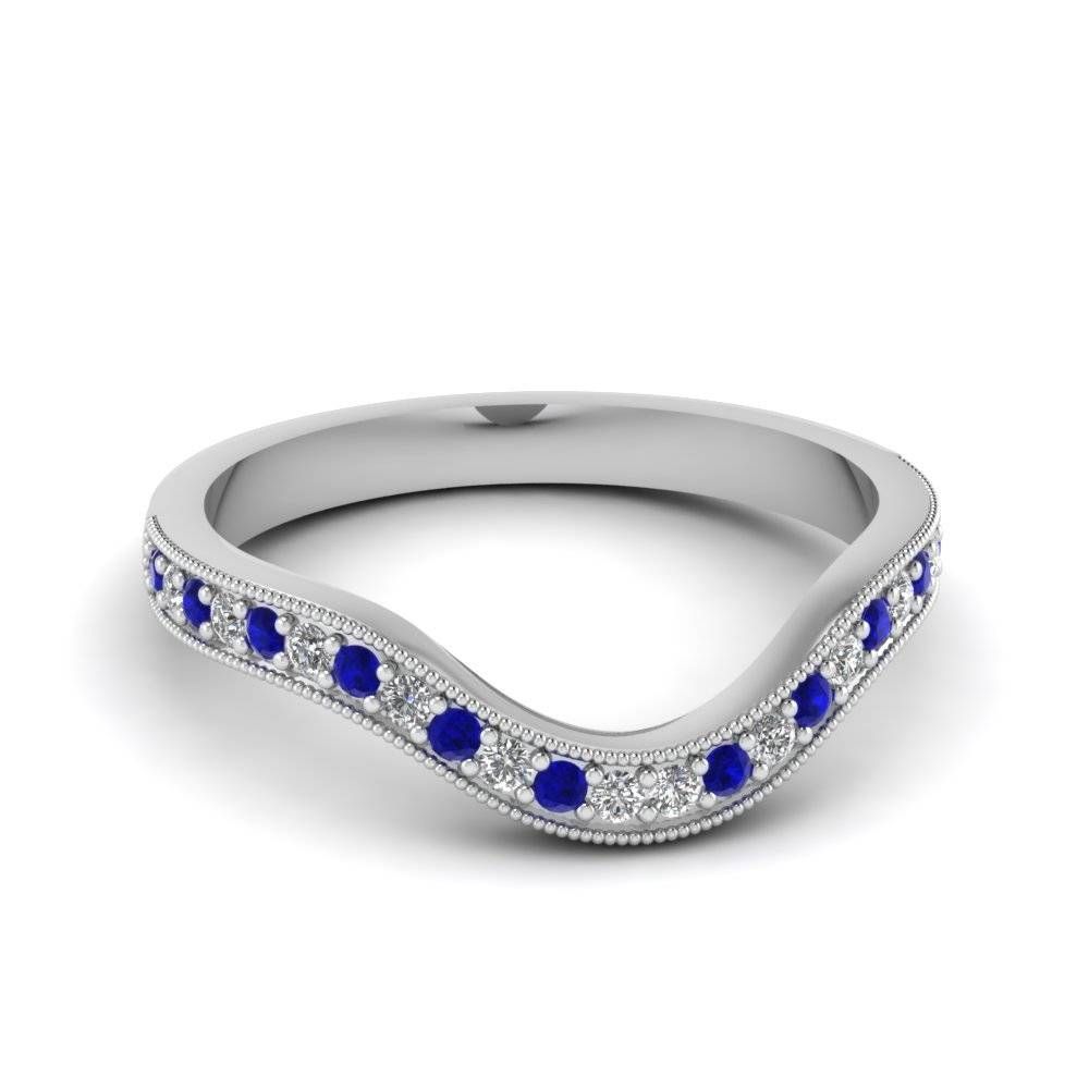 Milgrain Pave Curved Diamond Womens Wedding Band With Blue Regarding Blue Sapphire Wedding Bands (View 1 of 15)