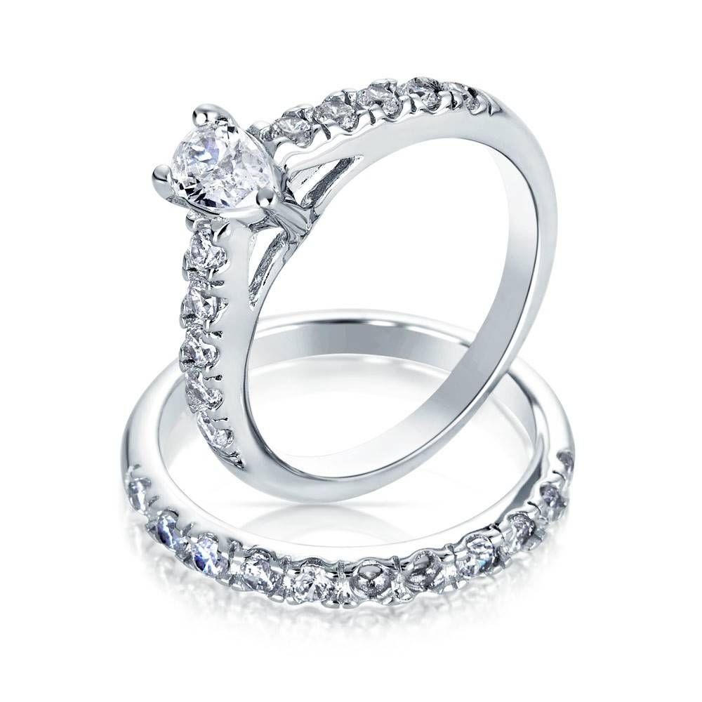 Pear Shaped Cz Sterling Silver Engagement Wedding Ring Set Pertaining To Silver Wedding Bands (View 4 of 15)