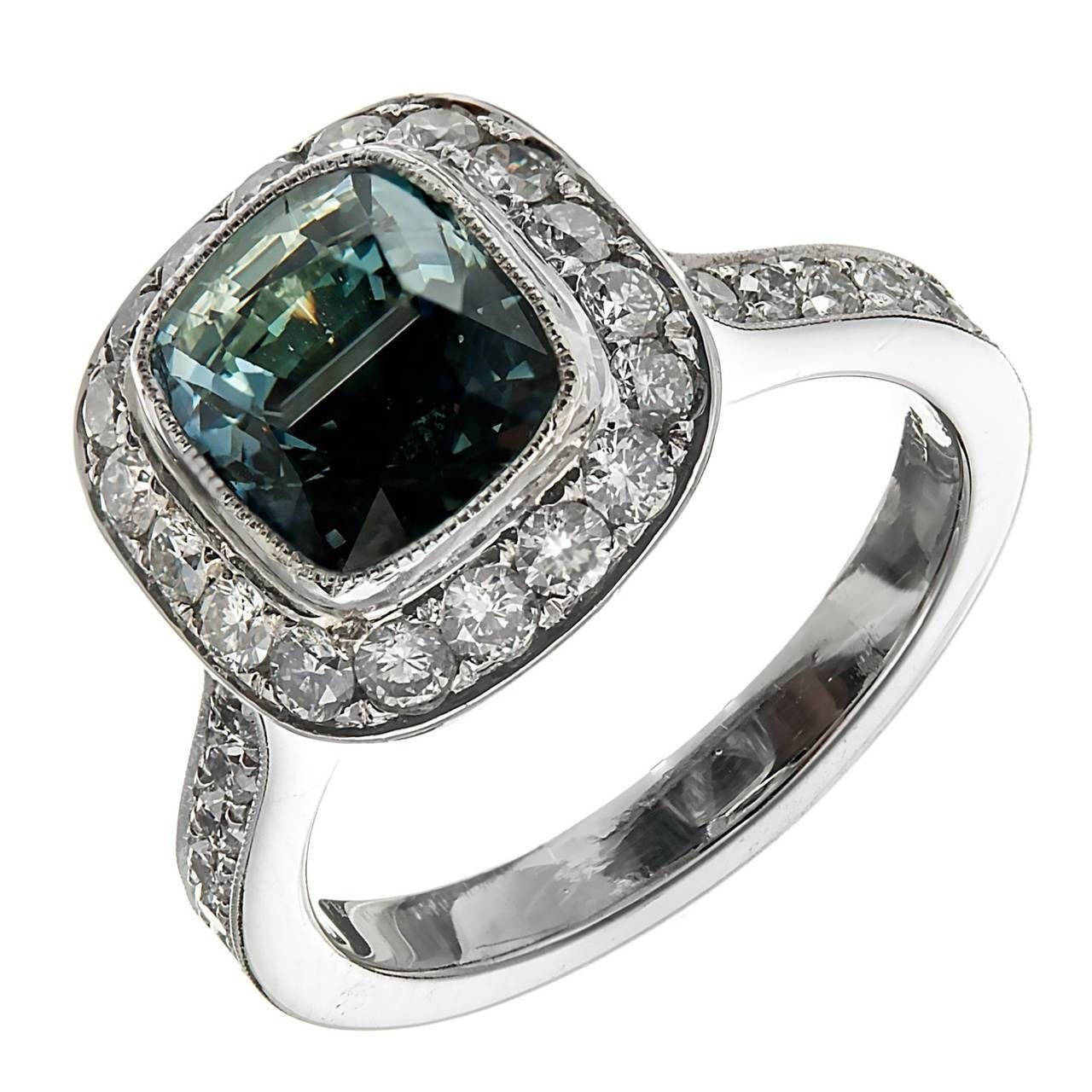 Peter Suchy Rare Greenish Blue Sapphire Diamond Platinum Halo Inside Platinum Diamond And Sapphire Engagement Rings (View 3 of 15)