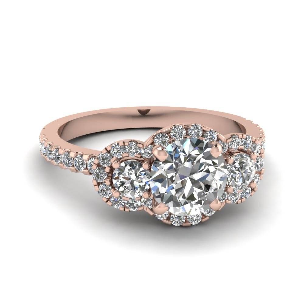 Round Cut Three Stone Halo Diamond Engagement Ring In 14k Rose Inside 3 Stone Halo Engagement Ring Settings (View 8 of 15)