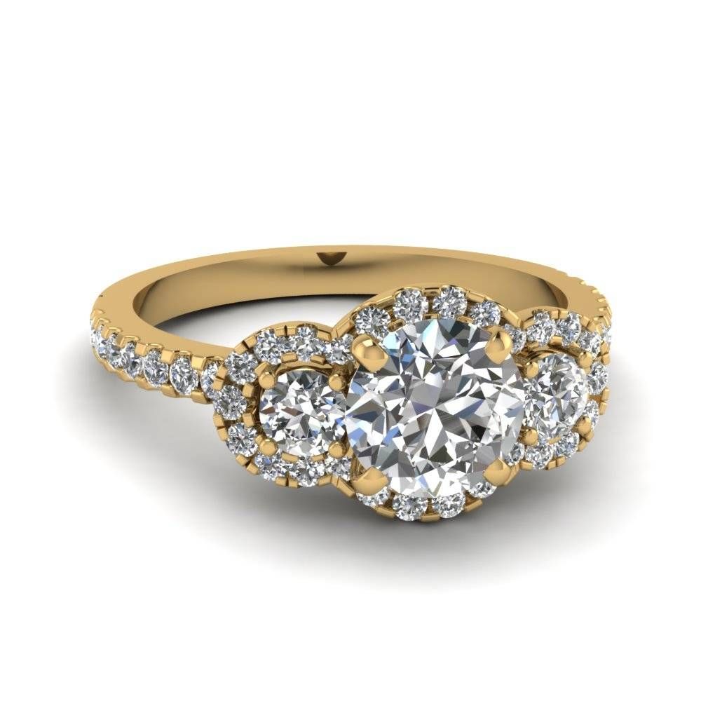 Round Cut Three Stone Halo Diamond Side Stone Engagement Ring In Inside Side Stone Engagement Rings (View 5 of 15)