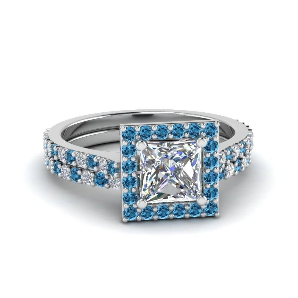 Square Halo Princess Cut Diamond Bridal Set With Ice Blue Topaz In Inside Latest Square Cut Diamond Wedding Bands (View 9 of 15)