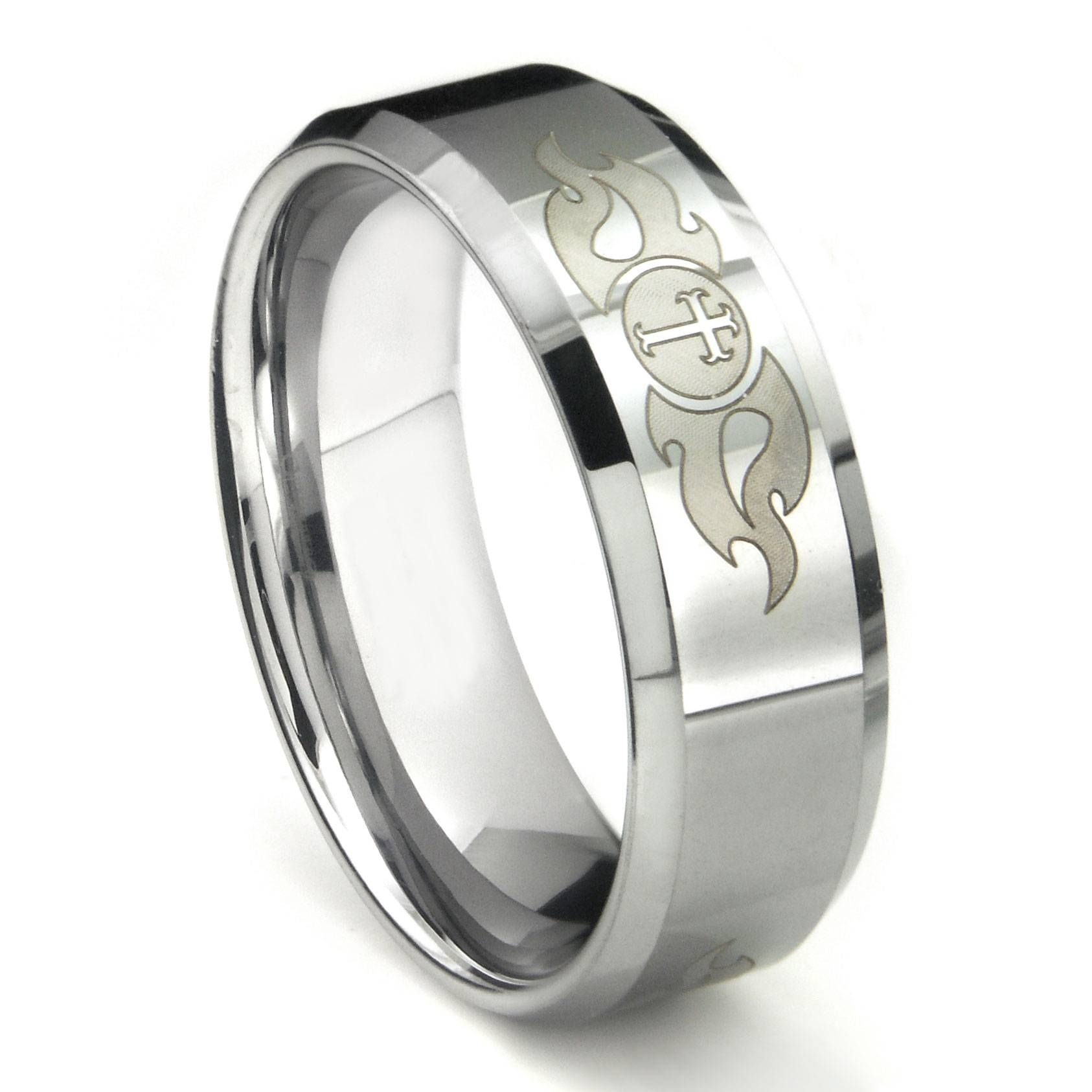 Tungsten Carbide Laser Engraved Fiery Cross Wedding Band Ring With Regard To Cross Wedding Bands (View 1 of 15)