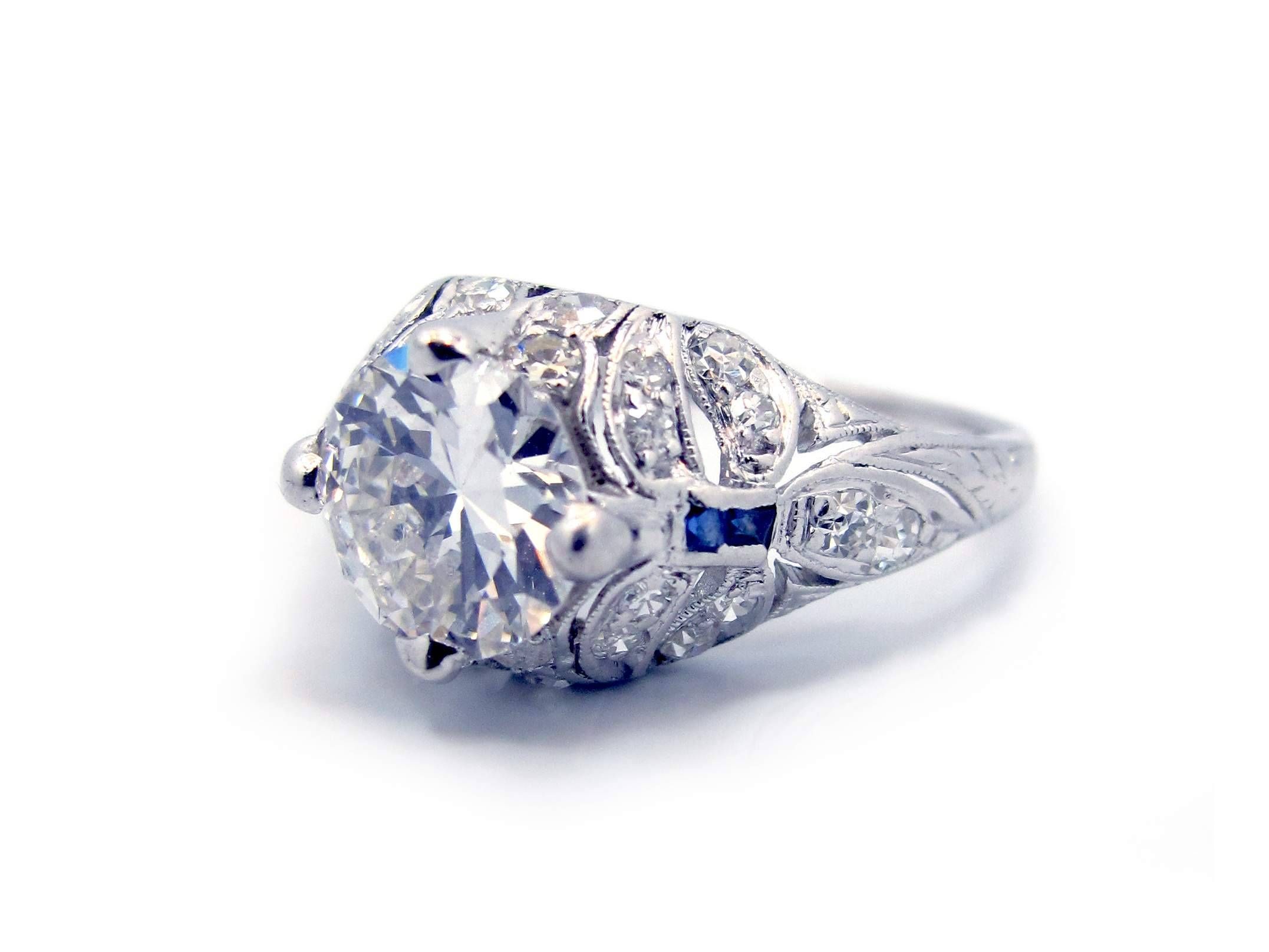 Vintage Inspired Platinum Diamond And Sapphire Engagement Ring Intended For Platinum Diamond And Sapphire Engagement Rings (View 4 of 15)