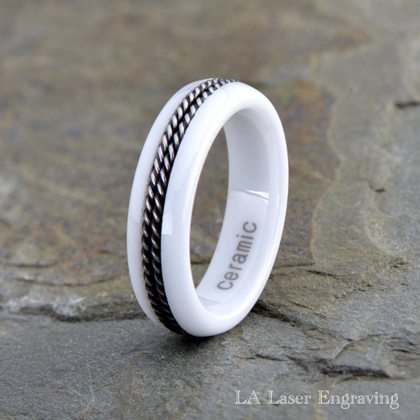 White Ceramic Wedding Band With Twisted Stainless Steel Rope Inlay With Regard To White Ceramic Wedding Bands (Photo 231 of 339)