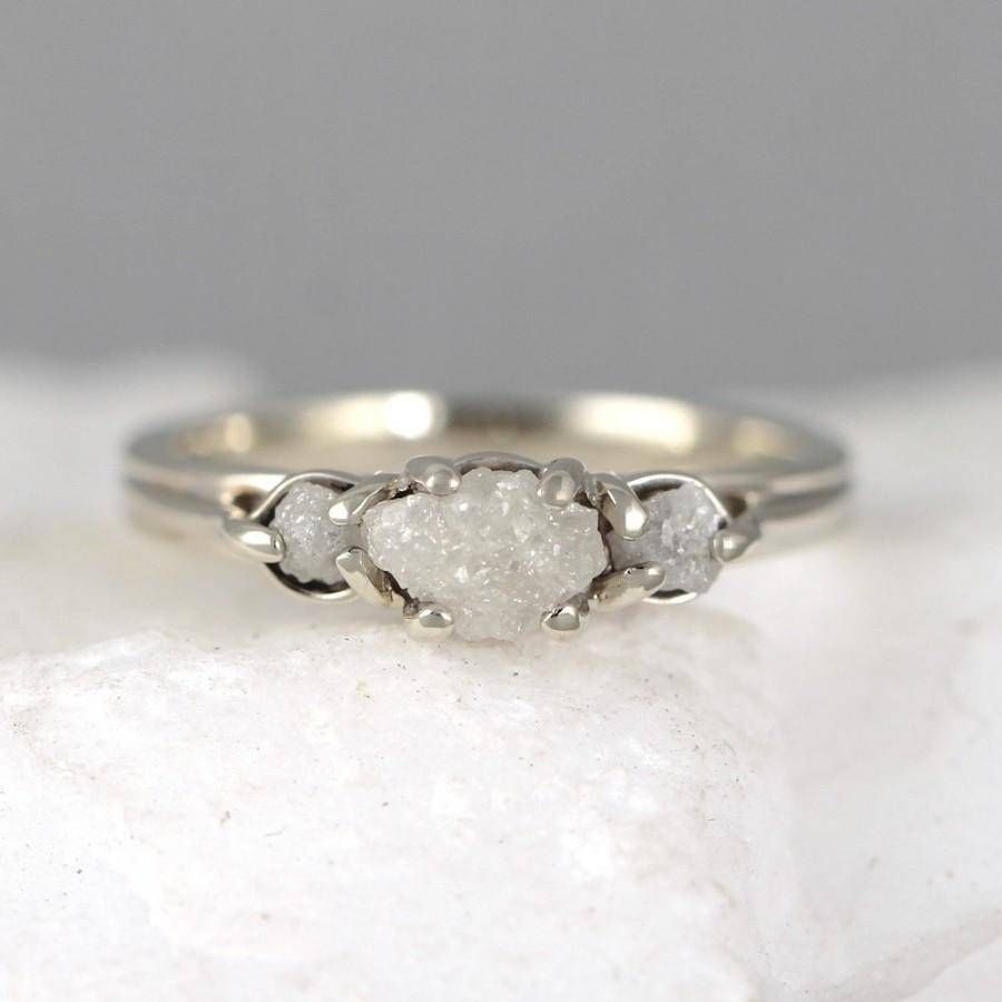 14k White Gold Raw Diamond Trio Ring – 3 Diamond Engagement Ring Throughout Recent Gemstone Anniversary Rings (View 17 of 25)