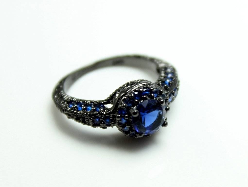 Black Rhodium Ring Blue Sapphire Cz Opal Wedding Engagement Regarding Best And Newest Blue Sapphire Anniversary Rings (View 22 of 25)