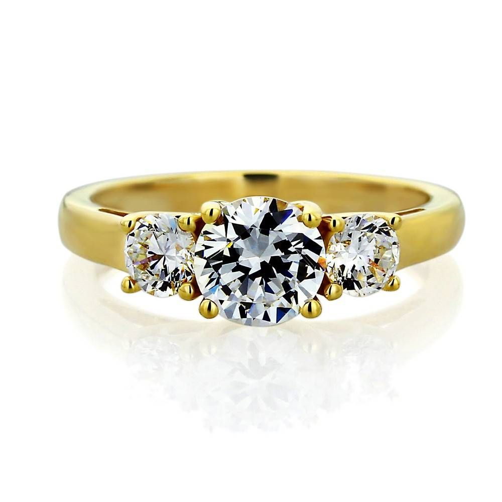 Double Accent | 14k Yellow Gold Wedding Ring Round Cz Three Stone With Regard To Recent Yellow Gold Diamond Anniversary Rings (View 16 of 25)