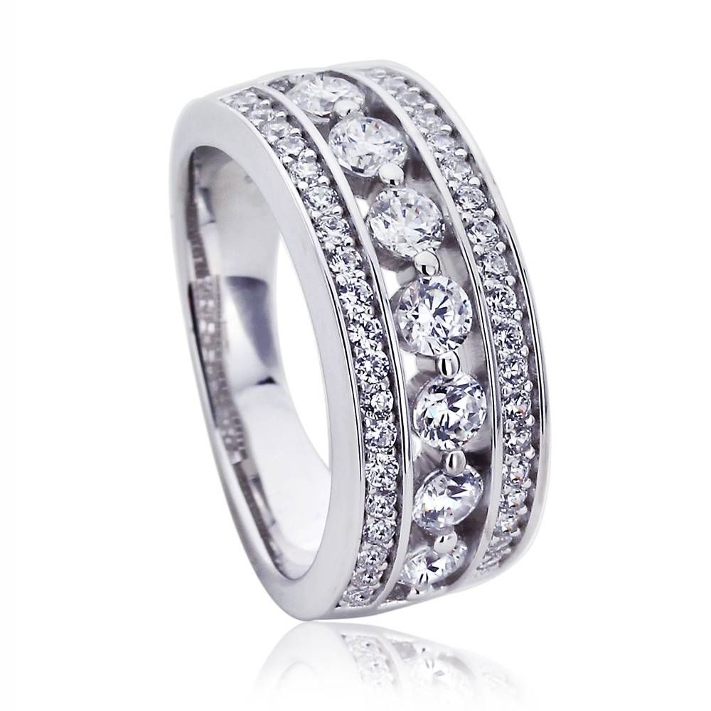 Double Accent | Platinum Plated Sterling Silver Wedding Band Round For Recent Sterling Silver Anniversary Rings (View 11 of 25)