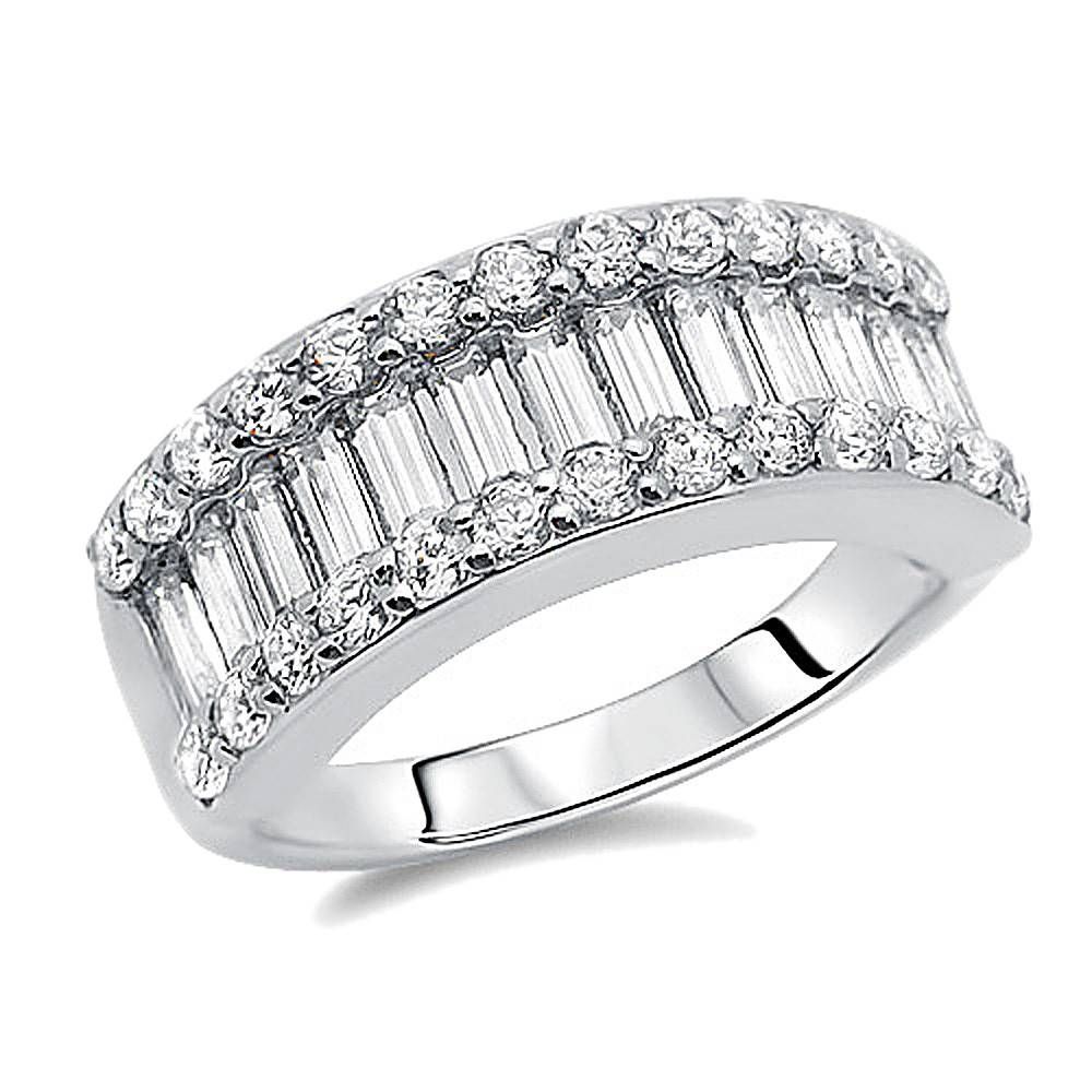 Double Accent | Sterling Silver Rhodium Plated, Wedding Ring Round Throughout Best And Newest Anniversary Rings With Baguettes (View 1 of 25)