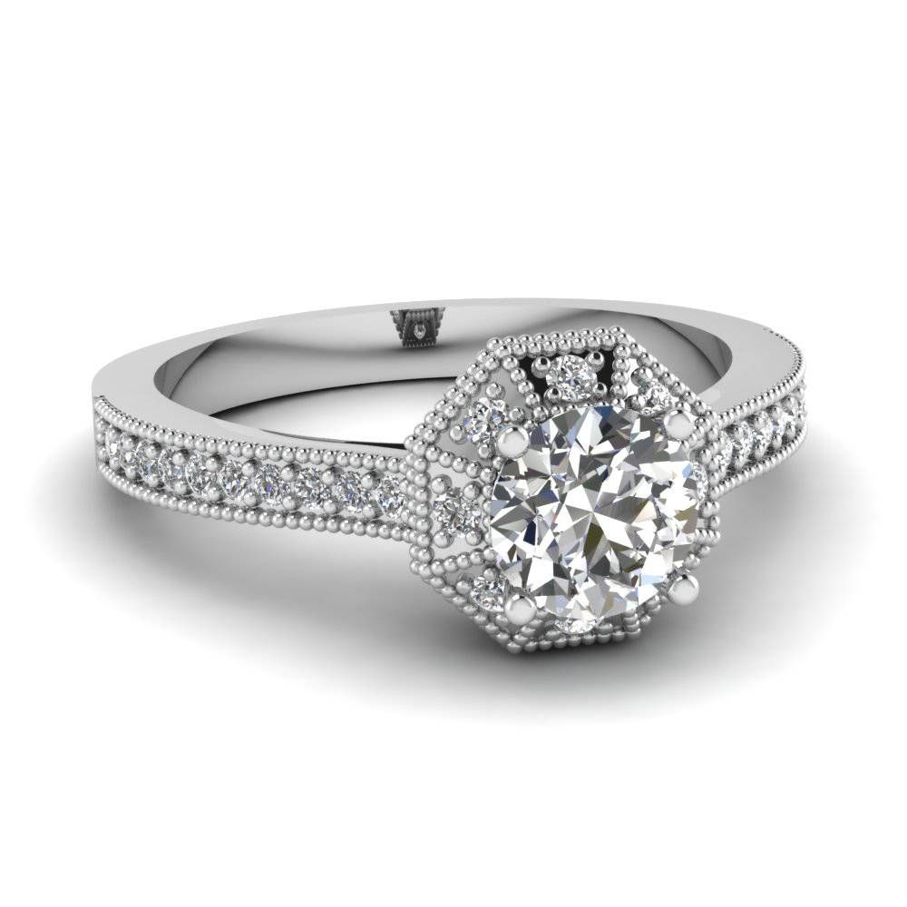 Milgrain Hexagon Halo Round Diamond Anniversary Ring Gifts In 950 With Current Diamonds Anniversary Rings (View 16 of 25)