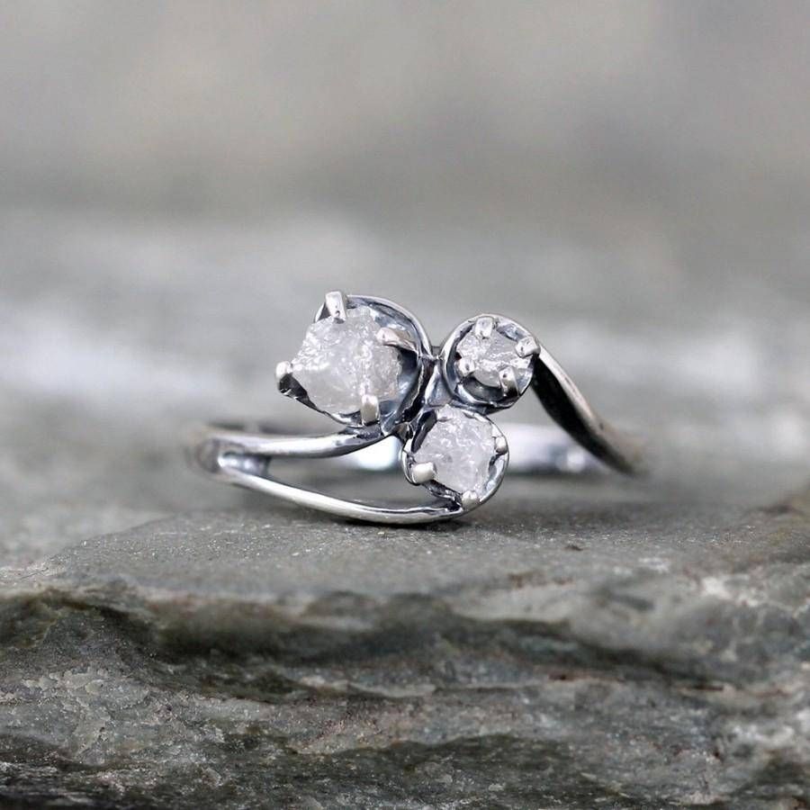 Raw Diamond Trio Ring – Uncut Rough Diamond – Diamond Engagement With Regard To 2017 Gemstone Anniversary Rings (View 14 of 25)