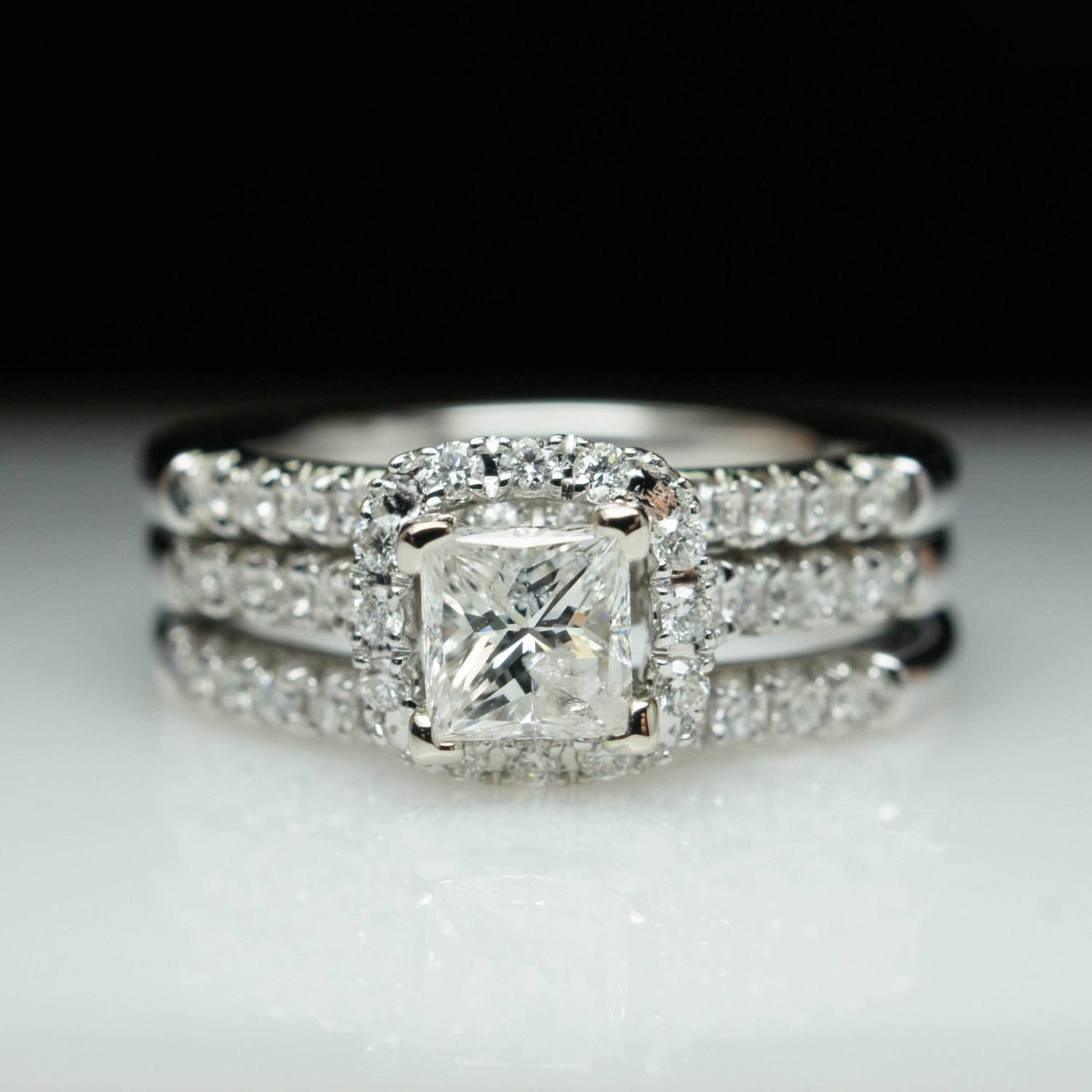 Sale Princess Cut Diamond Halo Engagement Ring & Two Wedding For Newest Halo Anniversary Rings (View 15 of 25)