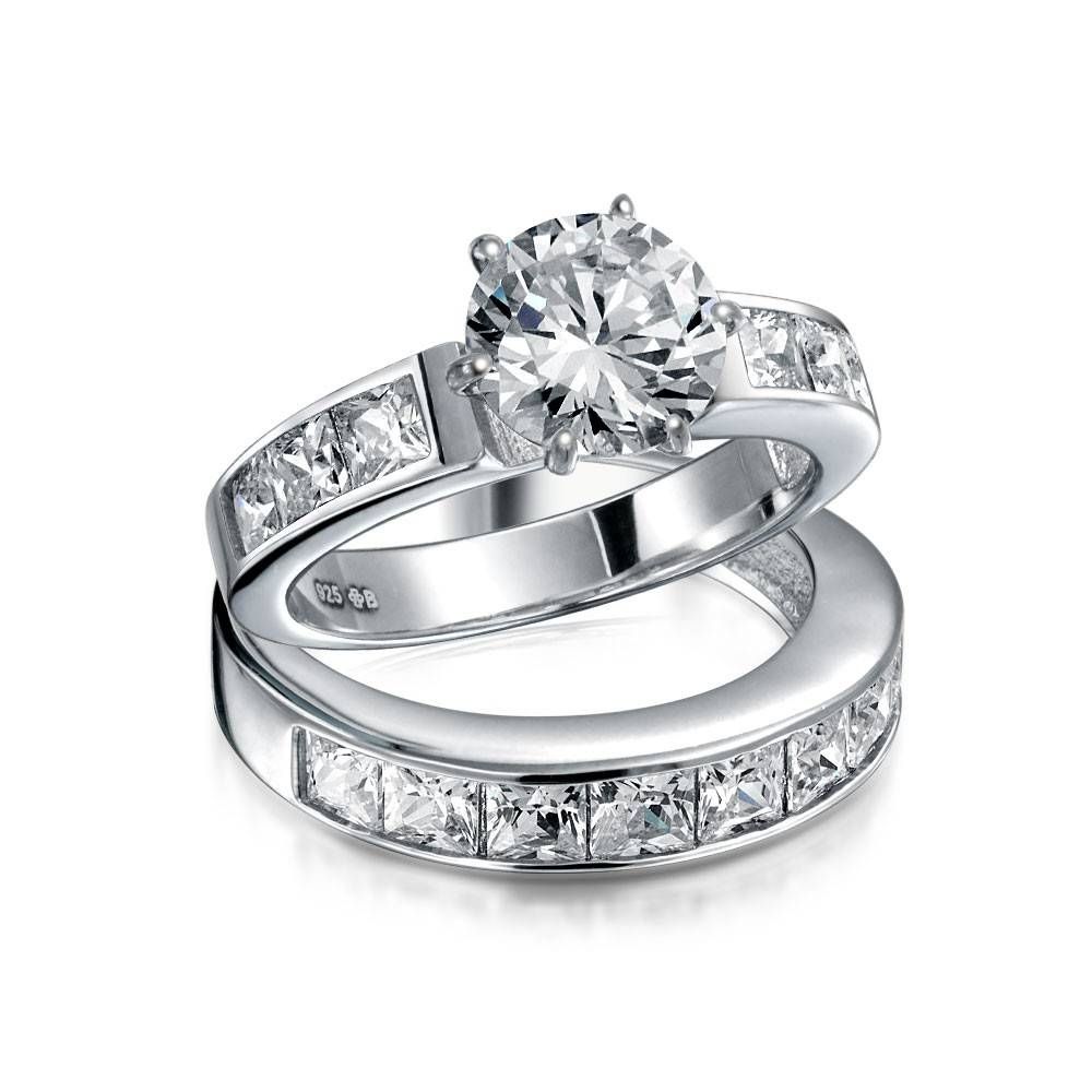 Sterling Silver 2ct Round Cz Princess Engagement Wedding Ring Set For Most Current Engagement Wedding And Anniversary Rings Sets (View 12 of 25)