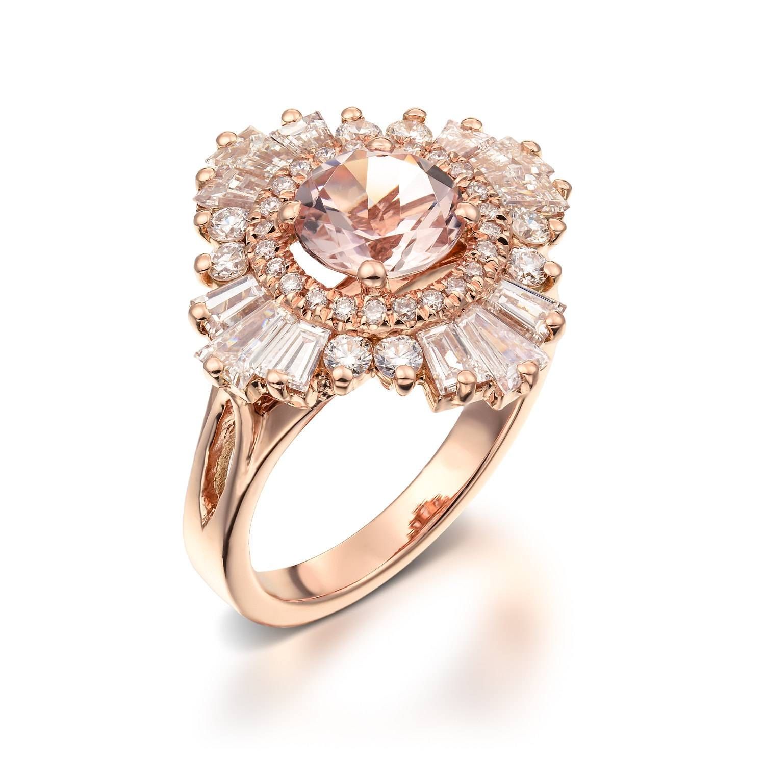 Unique Engagement Ring 18k Rose Gold Diamonds And Morganite Pertaining To Latest First Anniversary Rings (View 10 of 25)
