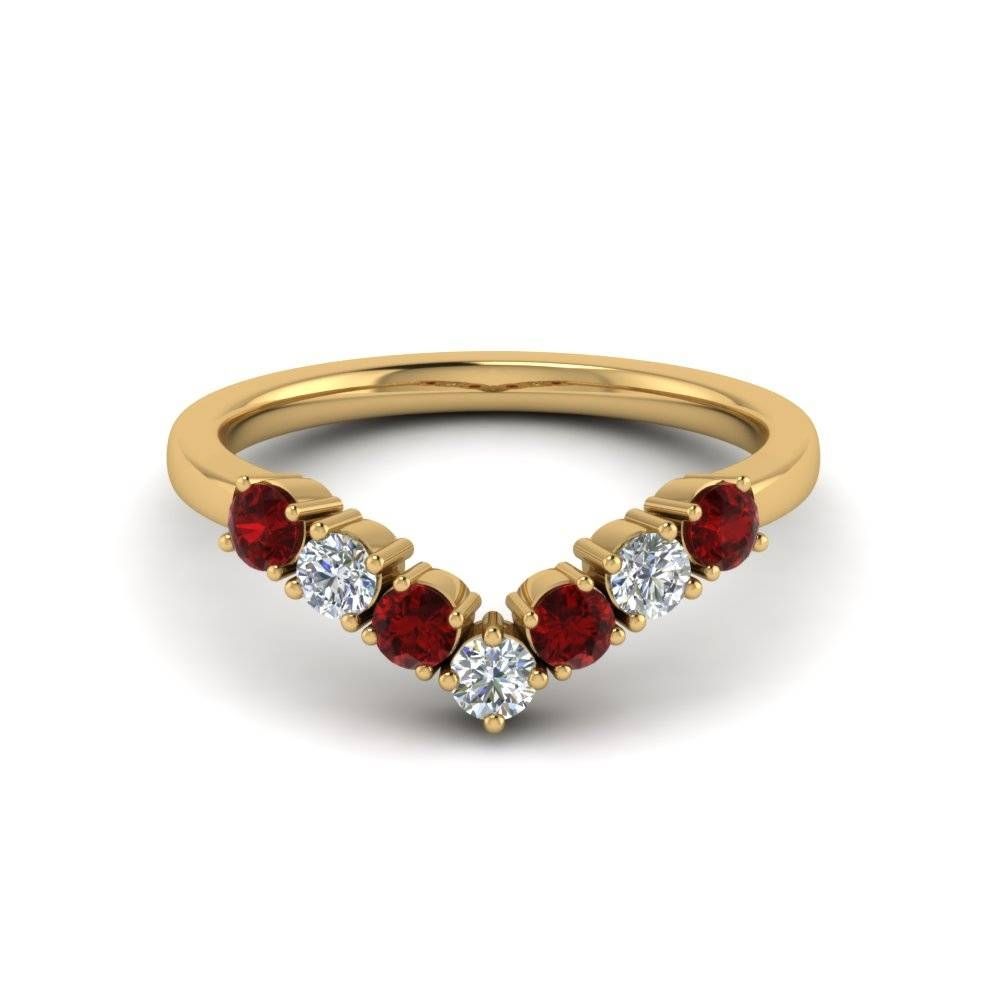 V Design 7 Diamond Anniversary Band With Ruby In 14k Yellow Gold Inside Best And Newest Ruby And Diamond Anniversary Rings (View 20 of 25)
