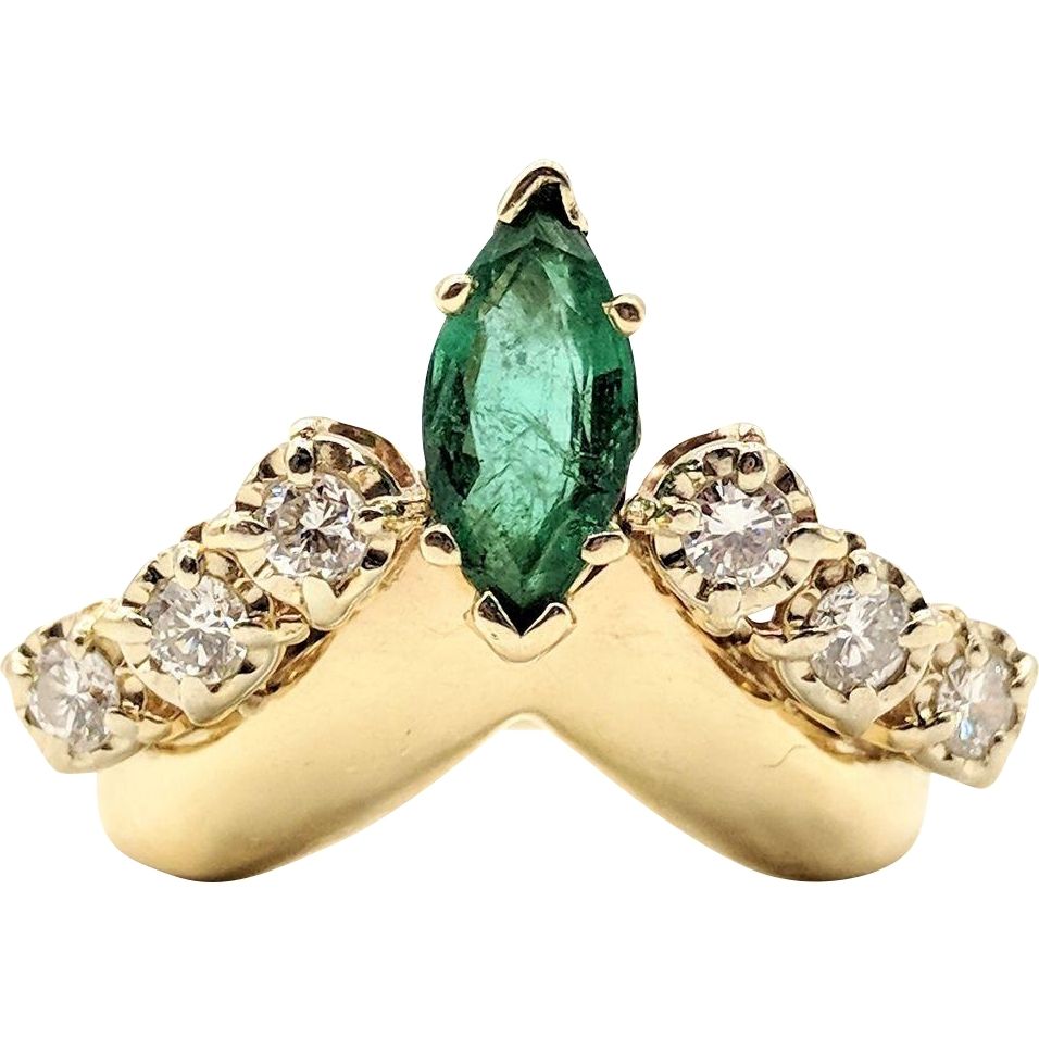 14k Gold Emerald & Diamond Chevron Ring From Jewelworks On Ruby Lane With Regard To Most Popular Chevron Emerald Rings (View 7 of 15)