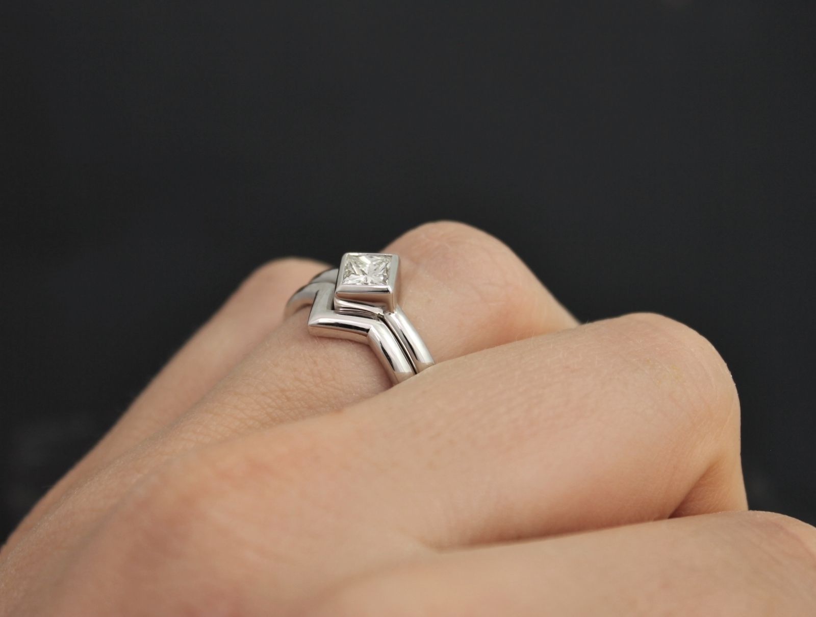 14k White Gold Princess Cut Diamond Ring, Solitaire Chevron Ring In Newest Diamond Chevron Rings (View 9 of 15)