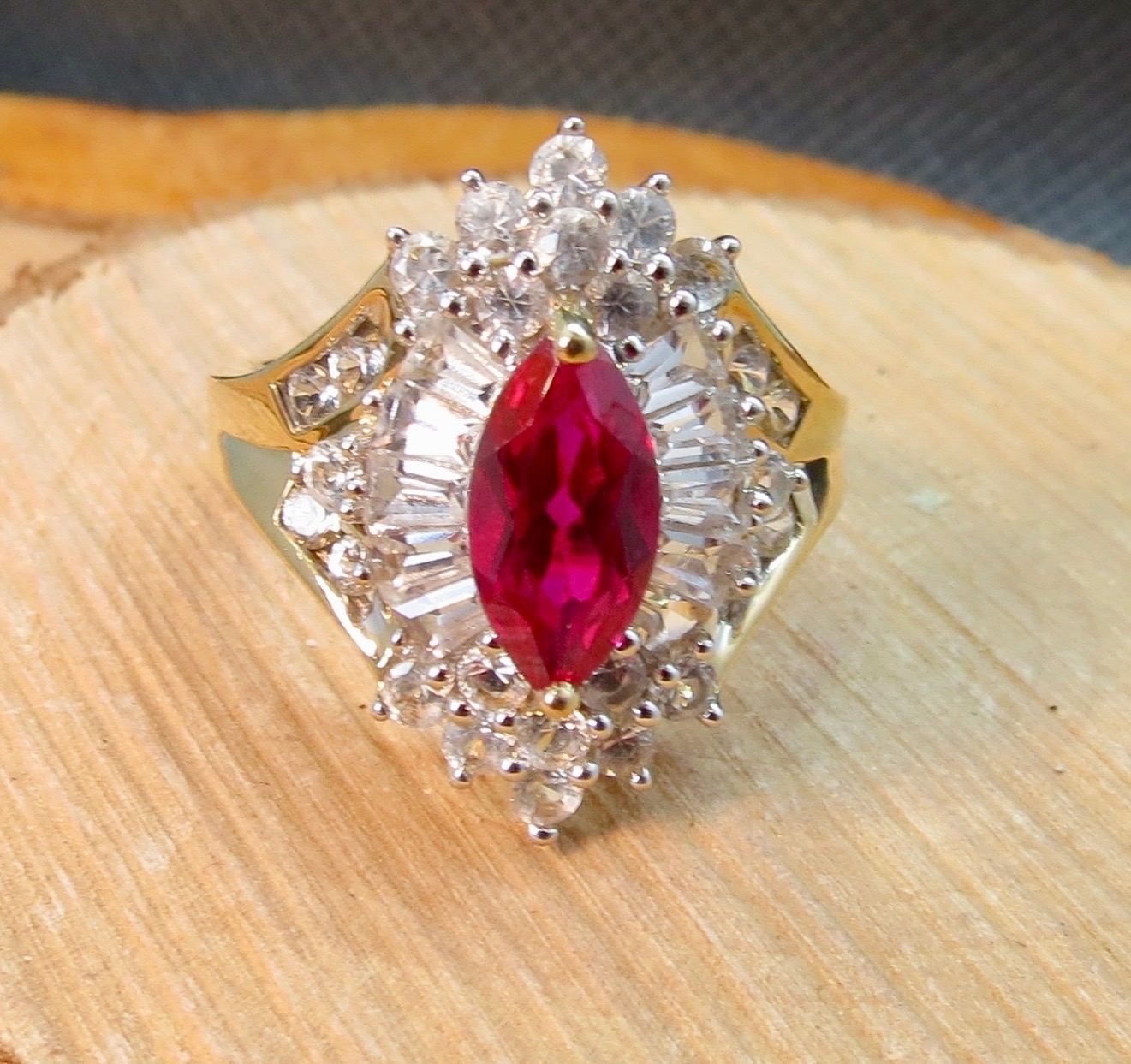 A 10k Yellow Gold Synthetic Ruby And White Stone Ring Cocktail Ring (View 14 of 15)