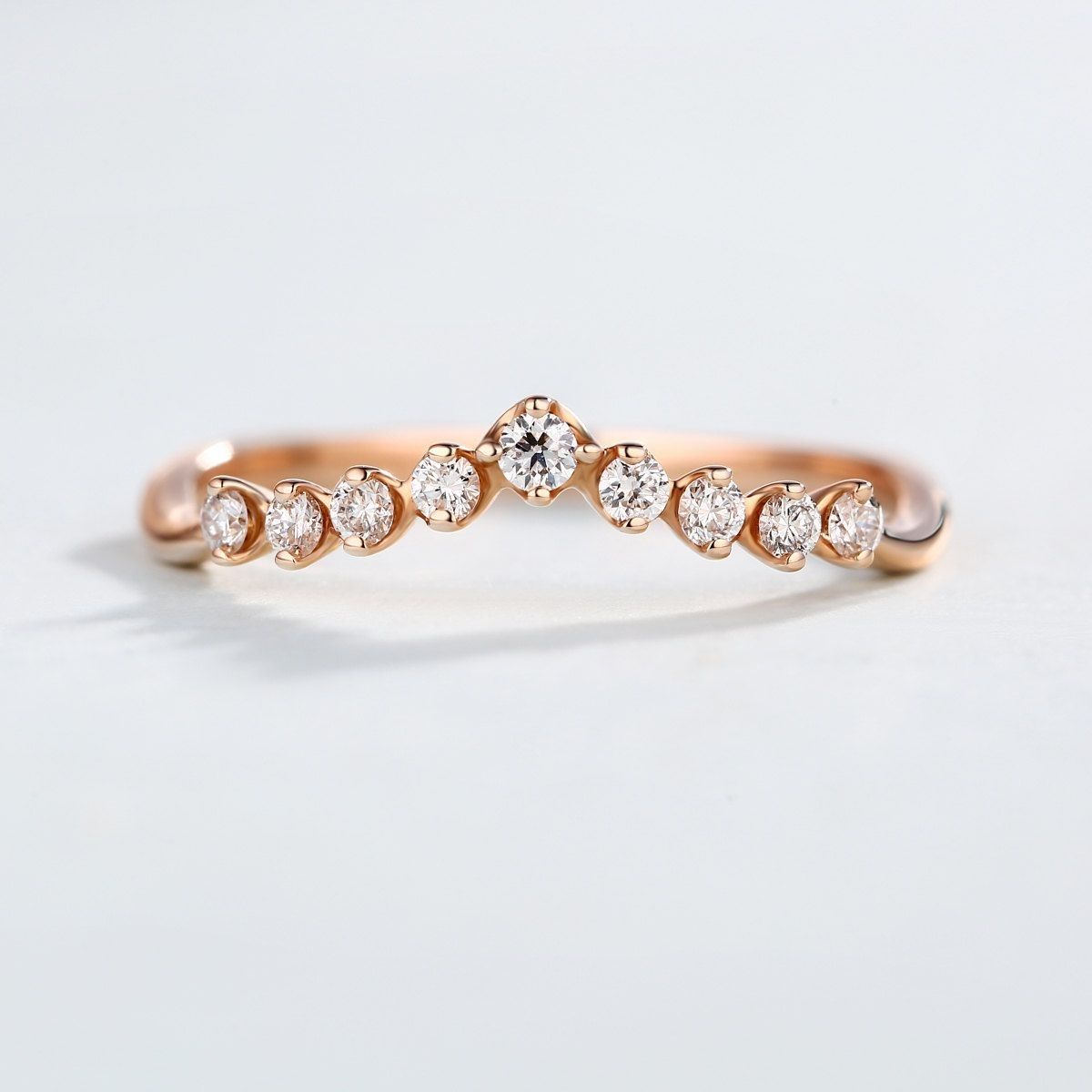 Curved Diamond Ring, Wedding Band 14k Rose Gold Ring Chevron Ring Inside Most Current Stackable Chevron Rings (View 9 of 15)
