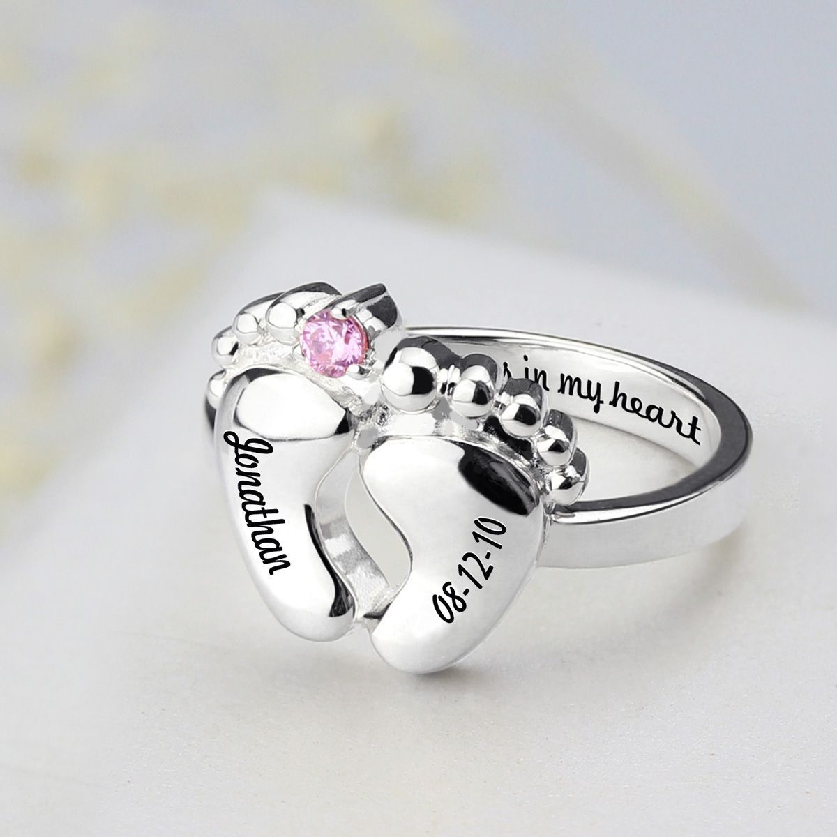 Engraved Baby Feet Ring With Birthstone Platinum Plated | Baby With Regard To Current Personalized Toe Rings (View 2 of 15)