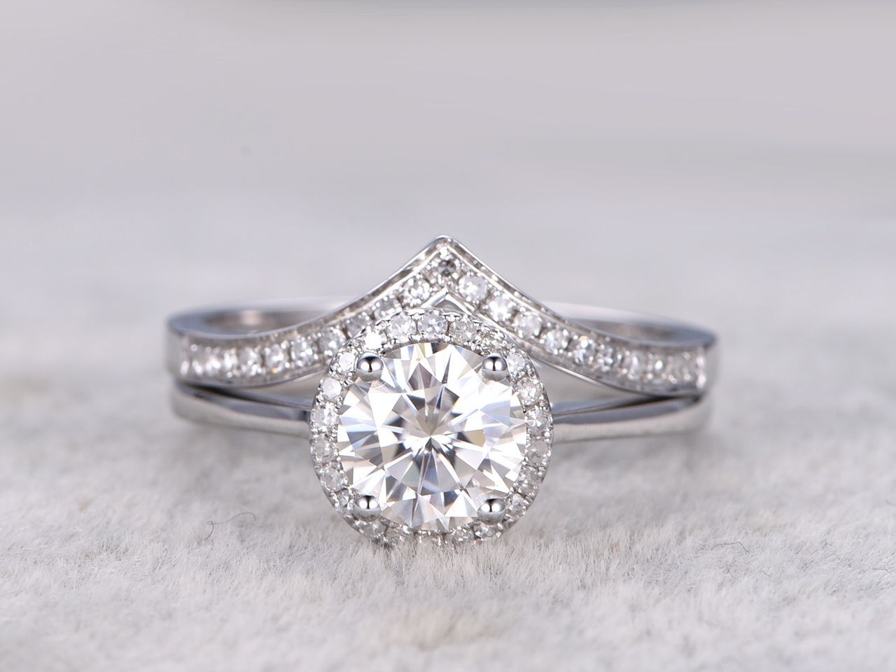 Moissanite Engagement Ring Set Diamond Wedding Bands White Gold Throughout Most Recent Chevron Shaped Rings (View 7 of 15)