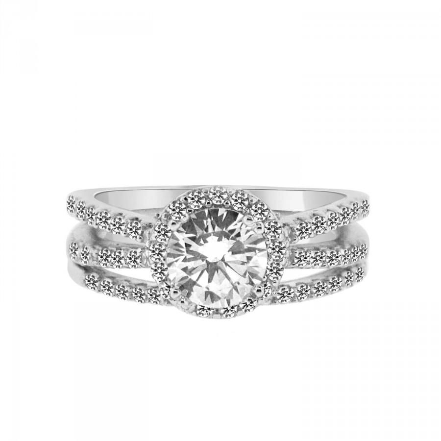 1 Carat Cz Engagement Ring With Wedding Band – Split Shank Cubic Regarding Current Diamond Wedding Bands In Sterling Silver With Rose Rhodium (View 4 of 15)