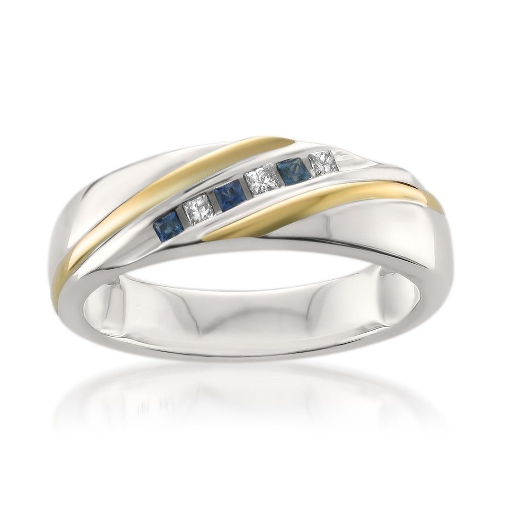 14k Two Tone Yellow Gold Princess Cut Diamond & Sapphire Men's For Best And Newest Diamond Five Stone Bands In 10k Two Tone Gold (View 13 of 15)