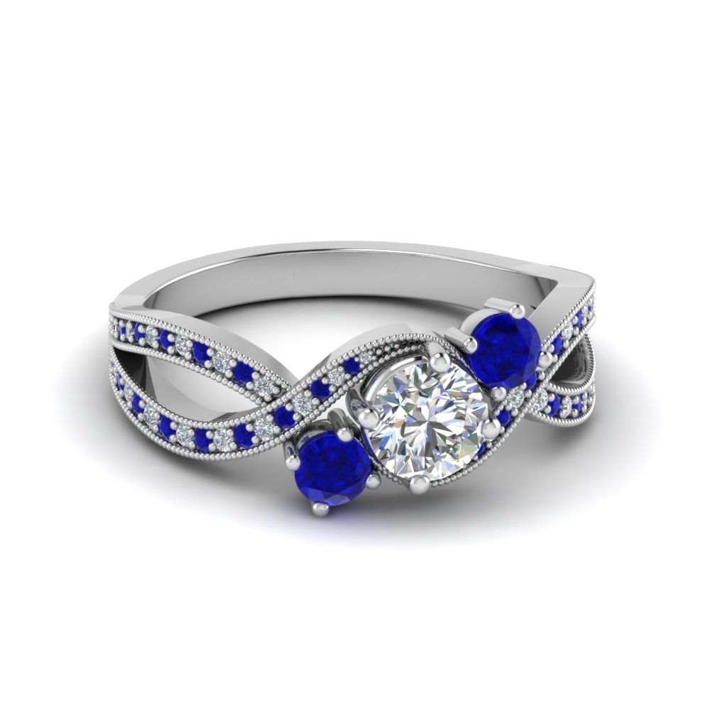 18k White Gold Blue Sapphire Milgrain Engagement Rings | Fascinating Regarding Best And Newest Diamond Cobalt Three Stone Hammered Rings (View 14 of 15)
