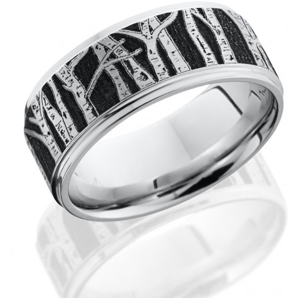 Cobalt Chrome 9mm Flat Band With Grooved Edges And Laser Carved Pertaining To 2018 Aspen Tree Comfort Fit Cobalt Wedding Bands (View 4 of 15)